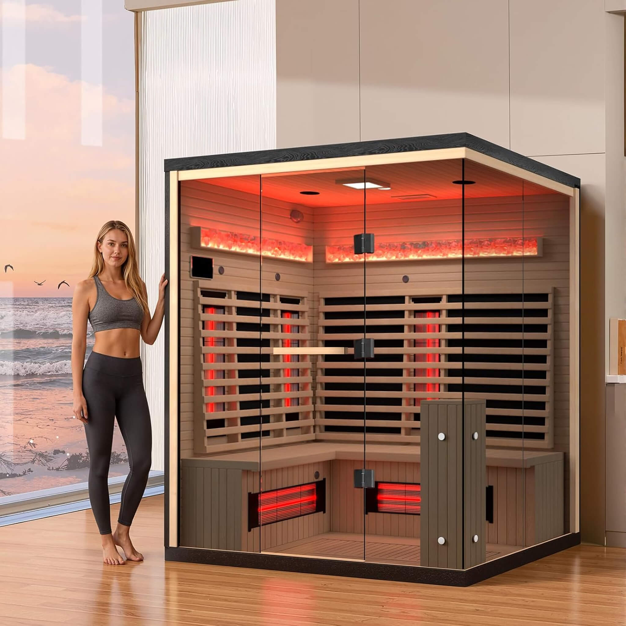 Person relaxing inside an infrared sauna during a home recovery session