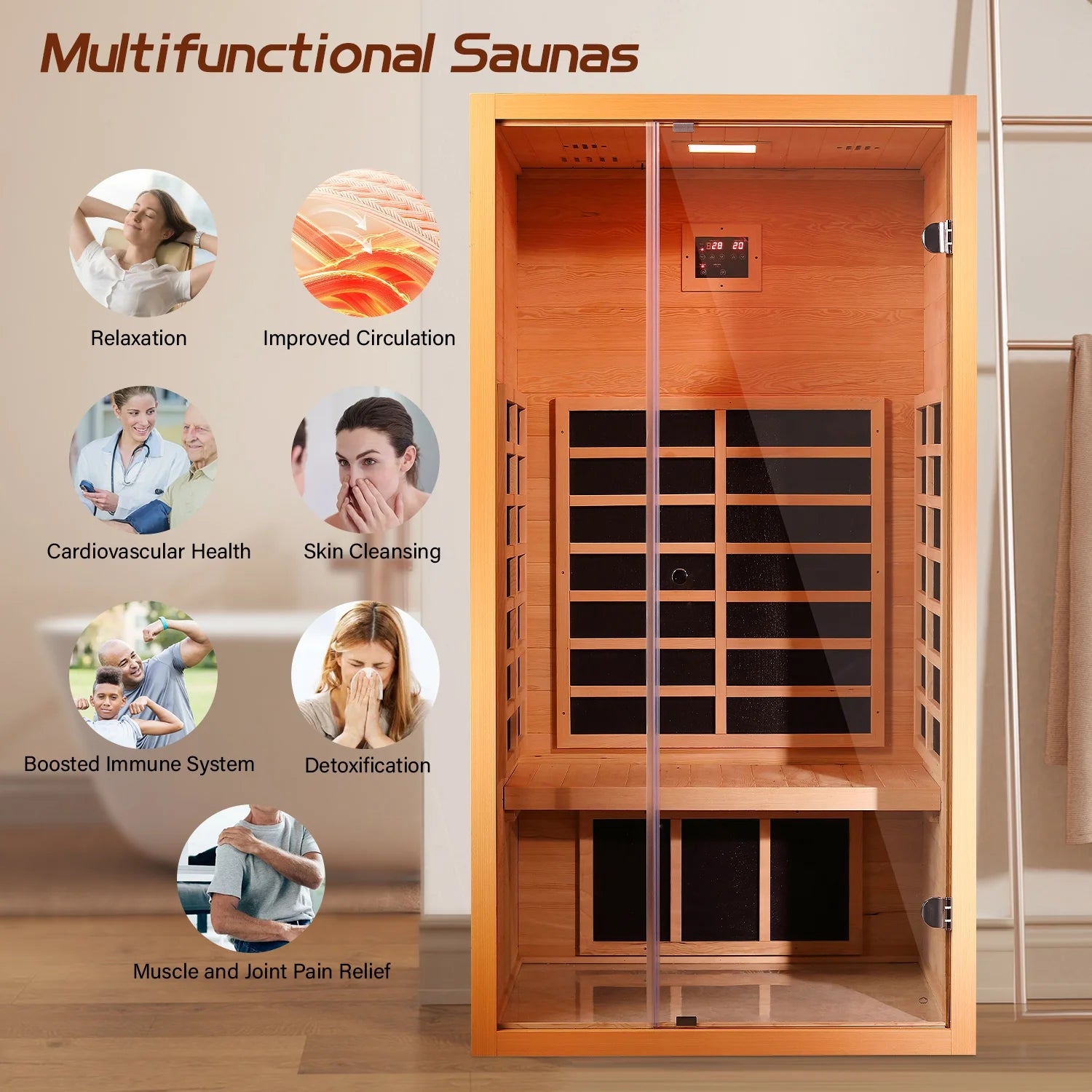 1 Person Extendable FAR Infrared Sauna for Home, Hemlock Wood Low EMF 6 Carbon Heaters Indoor Saunas with LED Lights, Bluetooth Speaker, Digital Control Panel, and Seating Bench