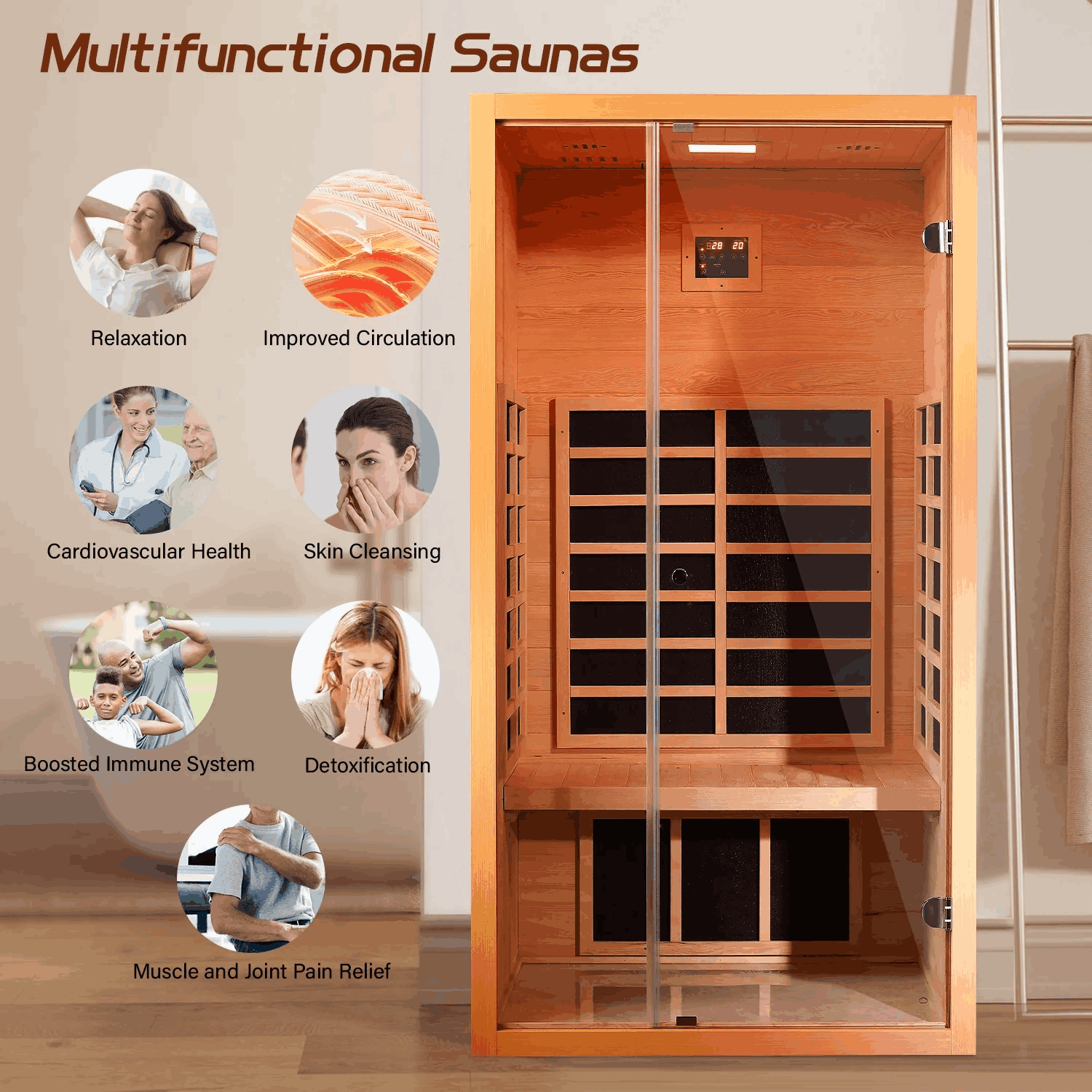 Vanity Art 1-Person Extendable Far Infrared Sauna in Hemlock Wood with Bluetooth and LED Lights