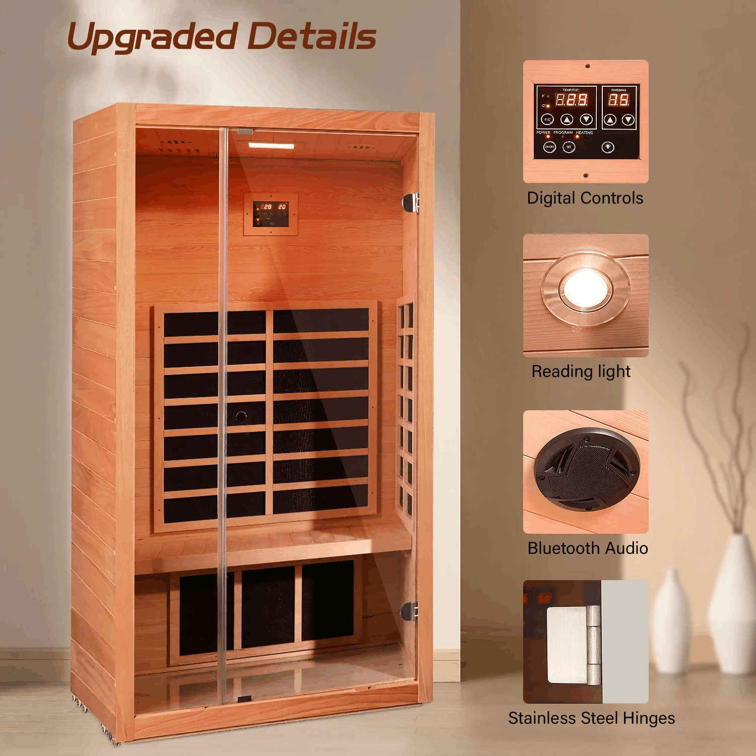 Vanity Art 1-Person Extendable Far Infrared Sauna in Hemlock Wood with Bluetooth and LED Lights
