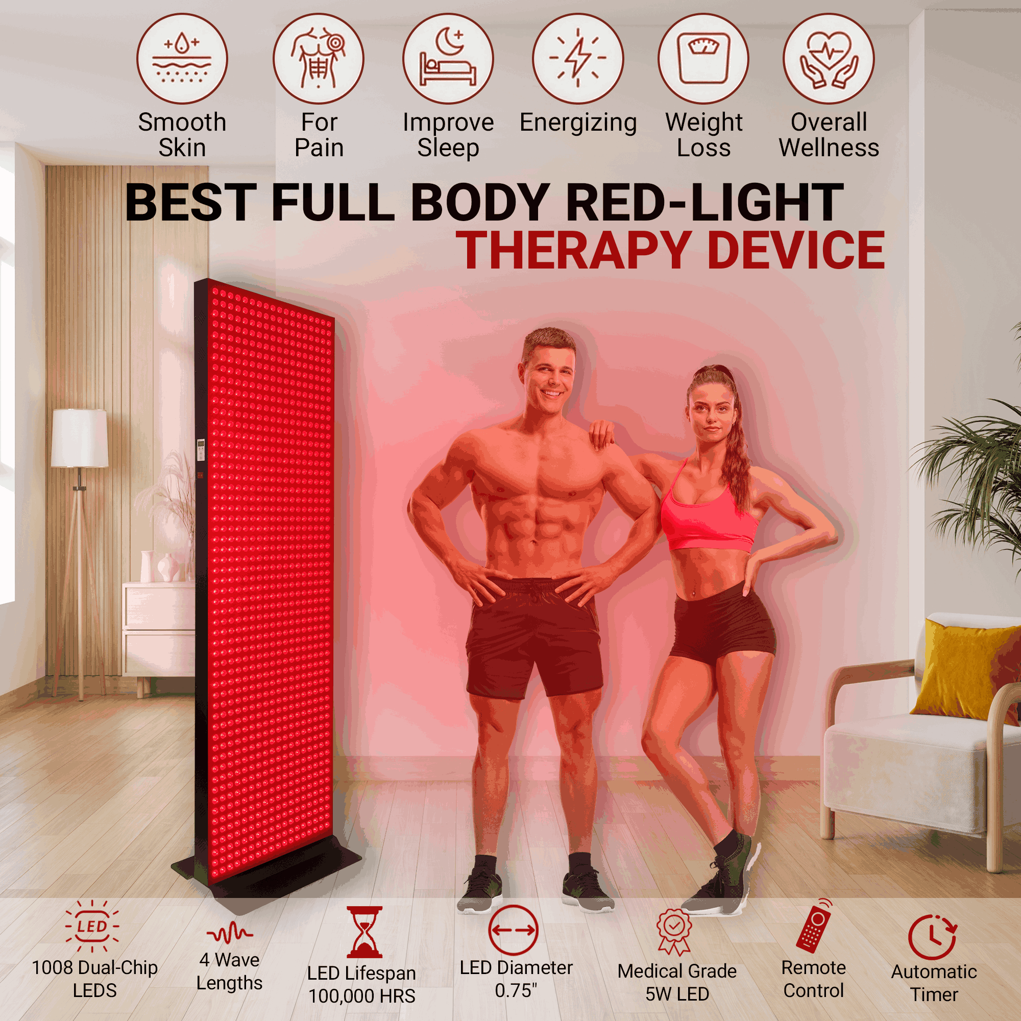 EXESAS 1008 LED Full Body Red Light Therapy Panel – 5040W Dual-Chip Infrared Device with 4 Wavelengths & Remote Control