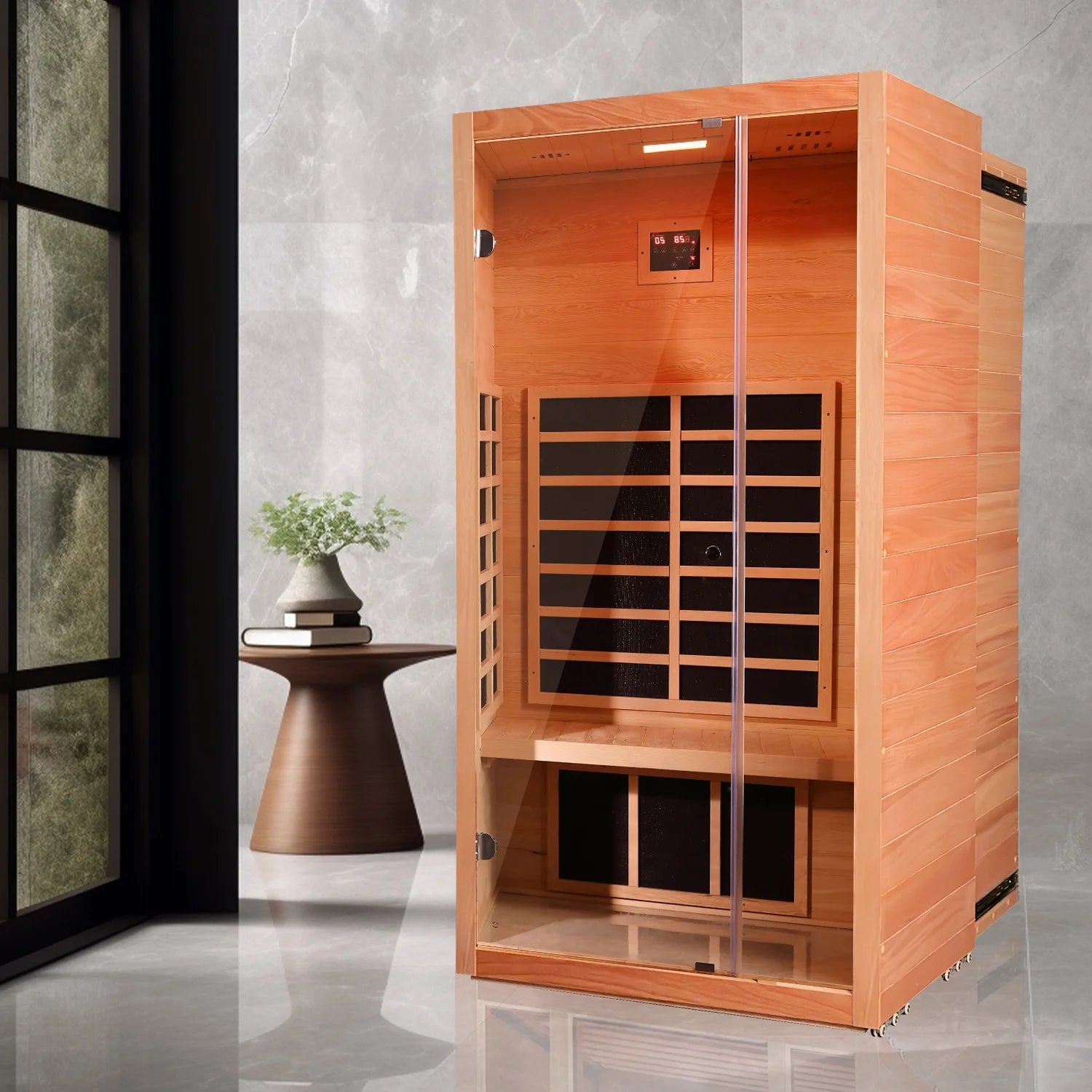 1 Person Extendable FAR Infrared Sauna for Home, Hemlock Wood Low EMF 6 Carbon Heaters Indoor Saunas with LED Lights, Bluetooth Speaker, Digital Control Panel, and Seating Bench