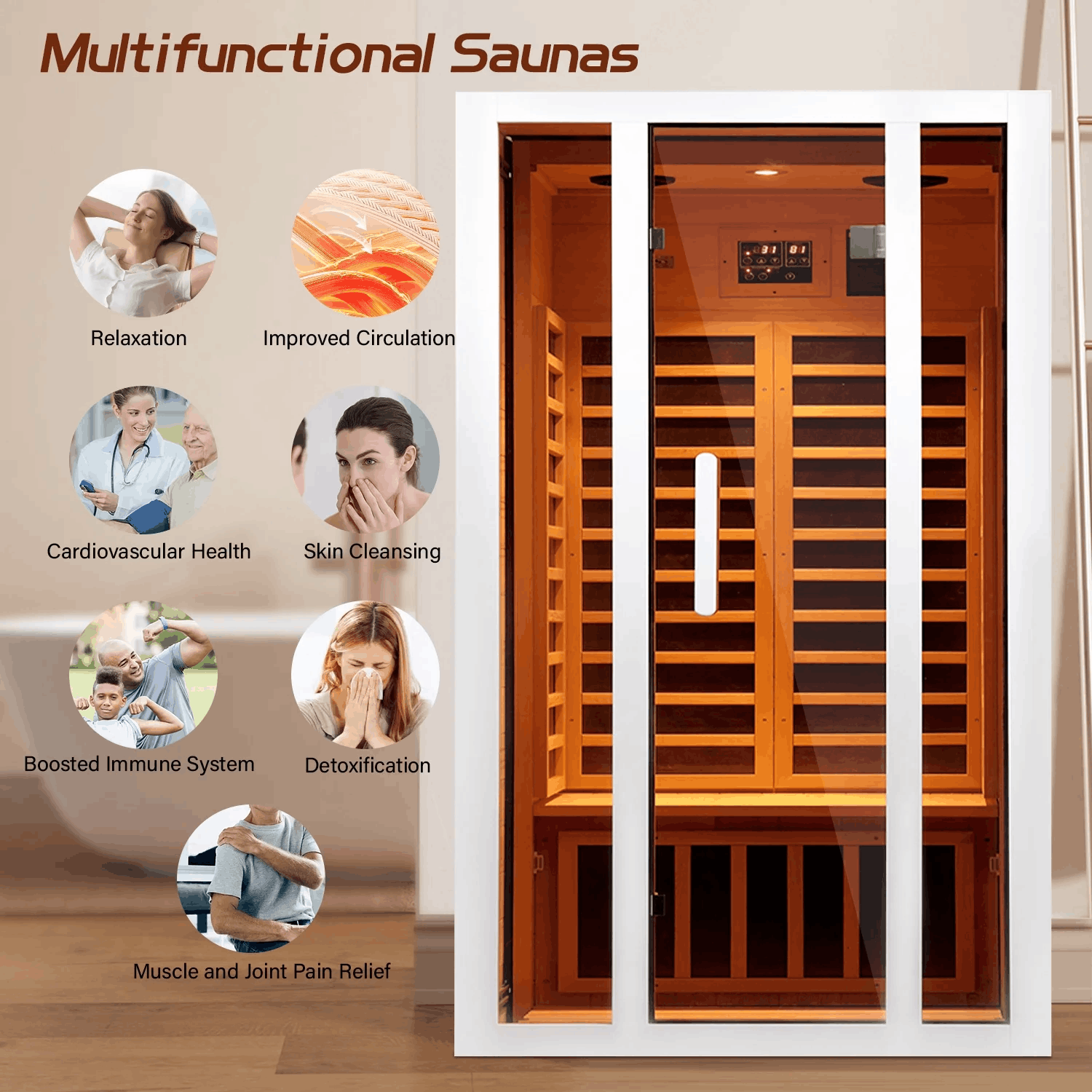Art 2-Person Extendable Far Infrared Sauna in Hemlock Wood with Bluetooth and LED Lights