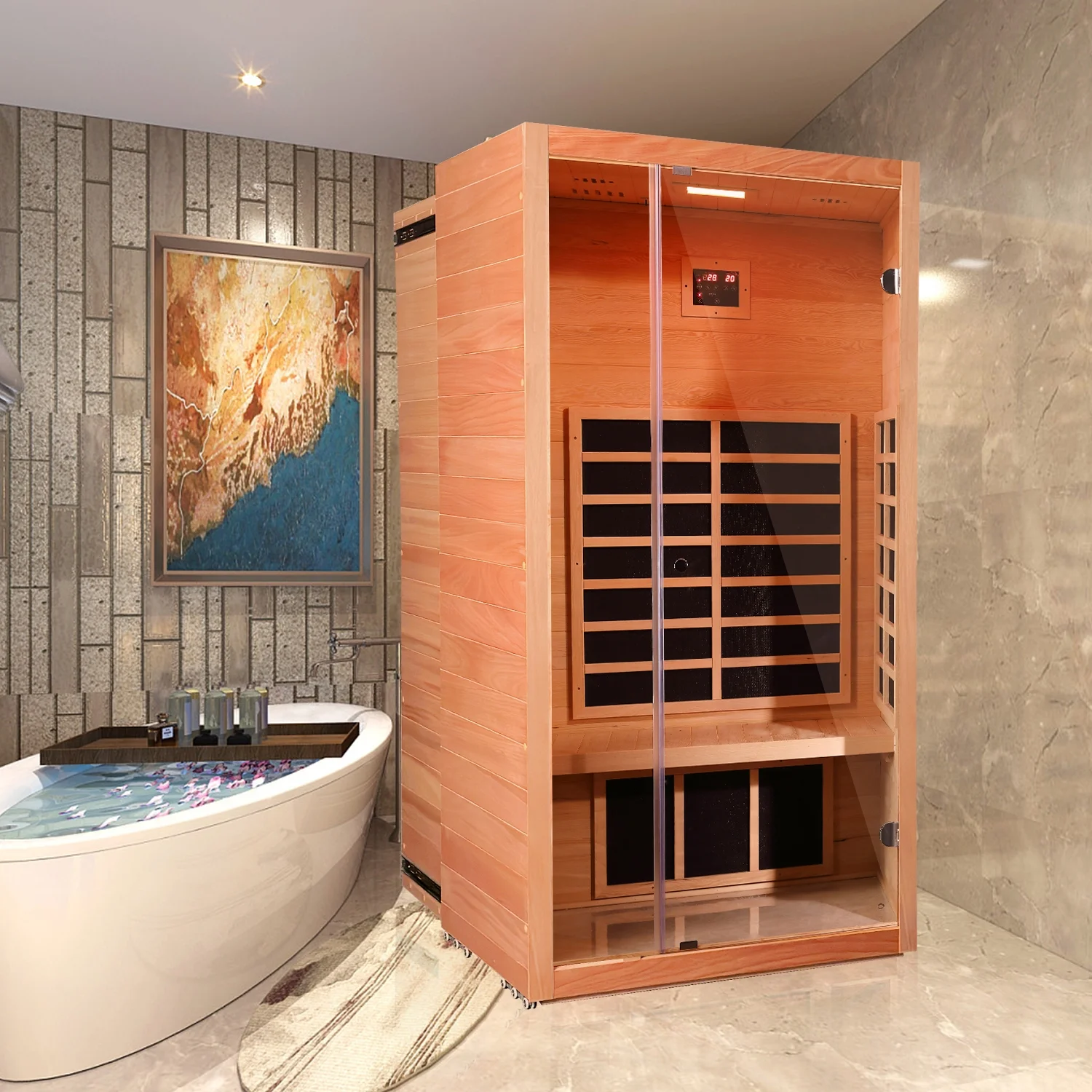 Vanity Art 1-Person Extendable Far Infrared Sauna in Hemlock Wood with Bluetooth and LED Lights