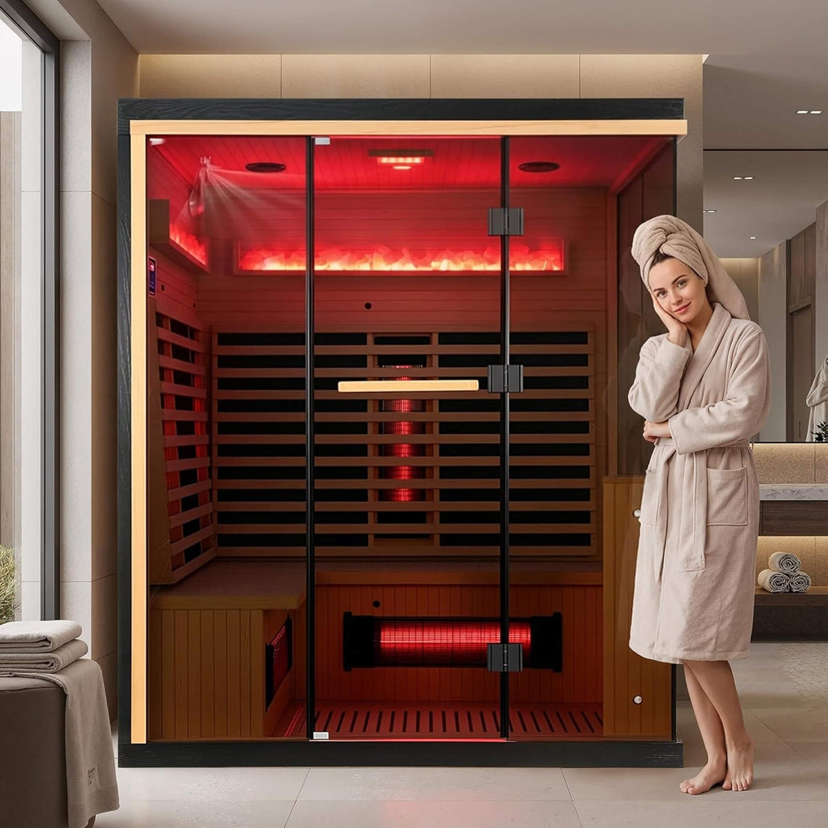 Rövia Ember 4-Person Full Spectrum Infrared Sauna – Canadian Hemlock Wood with Himalayan Salt Panels, Chromotherapy & Bluetooth (Made-To-Order)